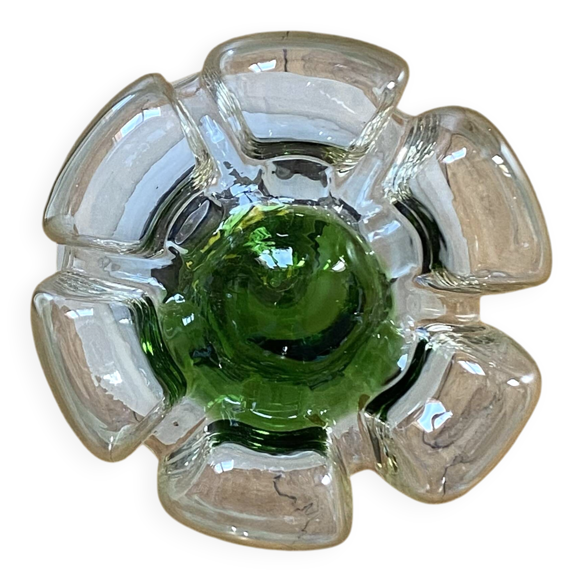 Vintage ceiling light Murano glass Mazzega green flower and stainless steel