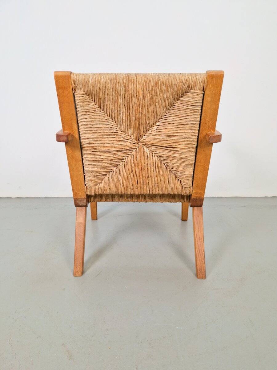 Chaises en bois brutalistes modernistes en paille, années 1940, ensemble de 3