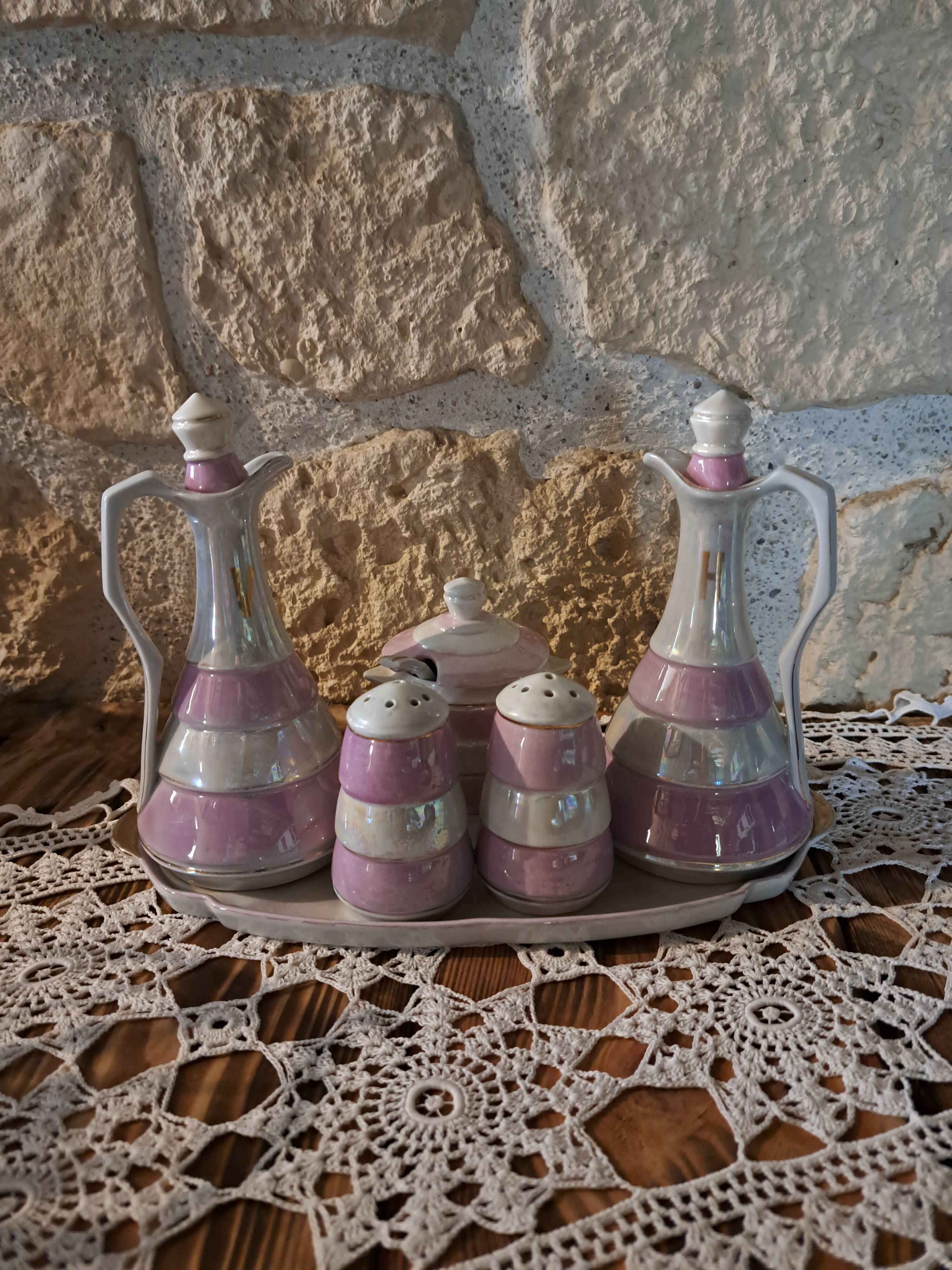 table server oil, vinegar, mustard, salt and pepper shakers with tray