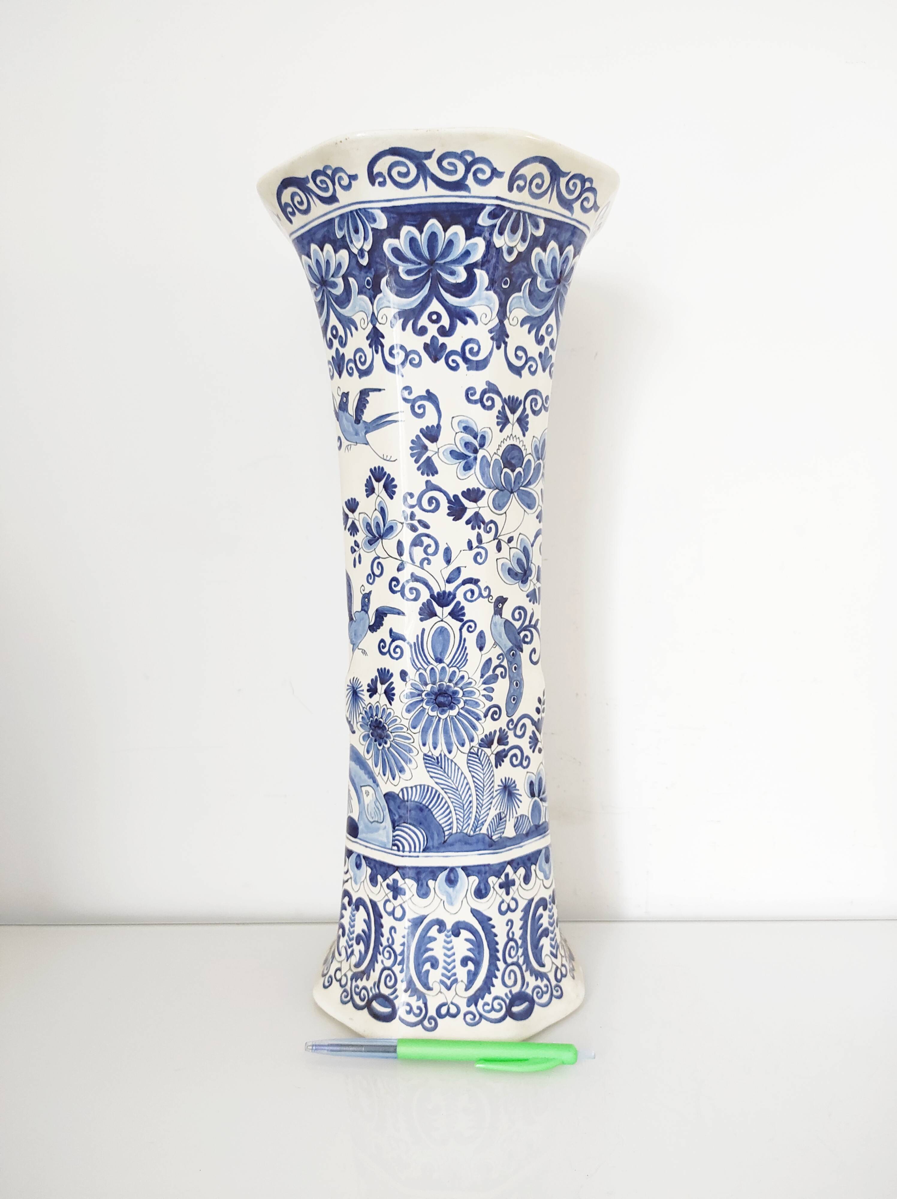 Octagonal vase blue birds BFK Boch Frères Kéramis 42 cm