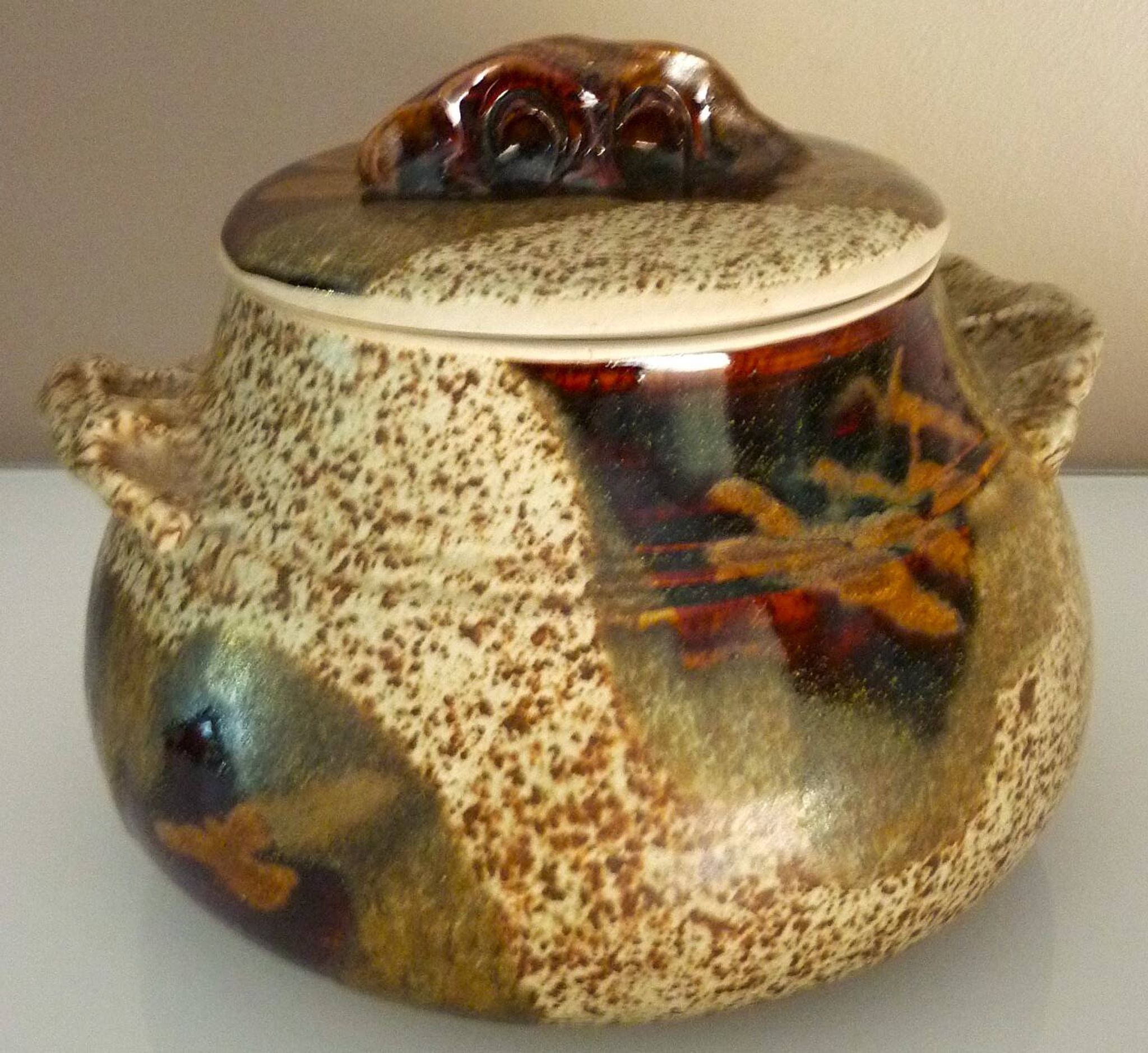 Vegetable dish, covered pot, glazed ceramic art, 1970s, signature to be identified