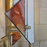 Pine wood floor lamp with handmade stained glass in Japandi style.