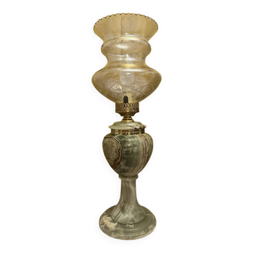 Onyx and brass desk lamp in the style of an oil lamp.