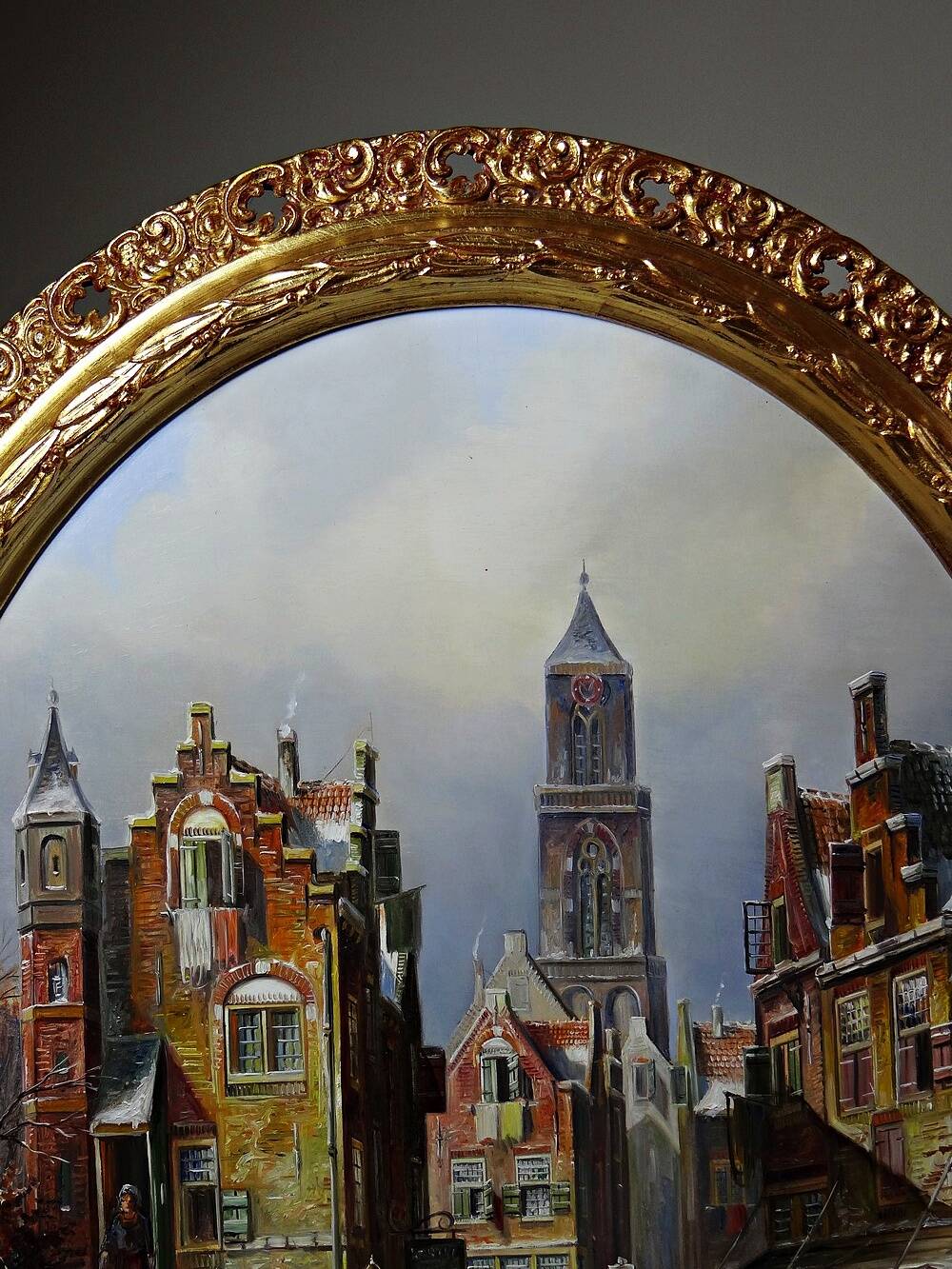 Large urban scene oil on wood framed painting John Haanstra vintage