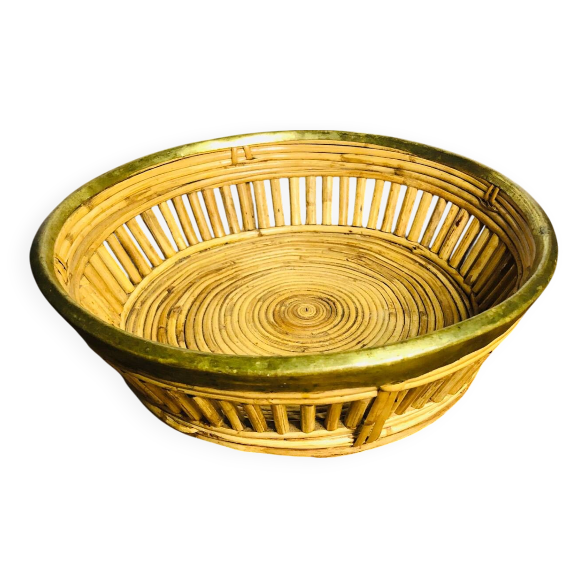 Large rattan and brass basket by Gabriella Crespi. Italy. 1970