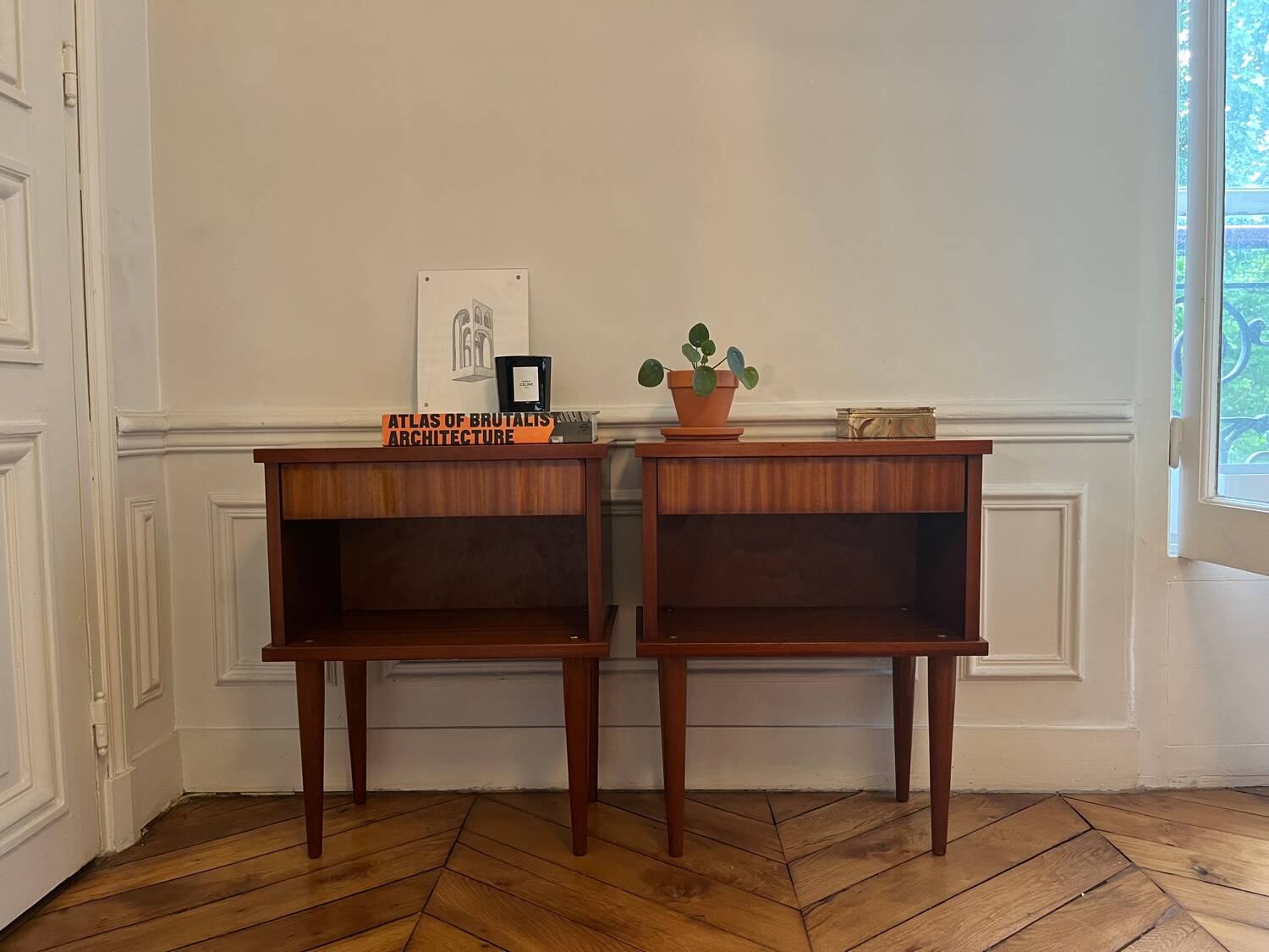 Pair of vintage bedside tables with compass feet
