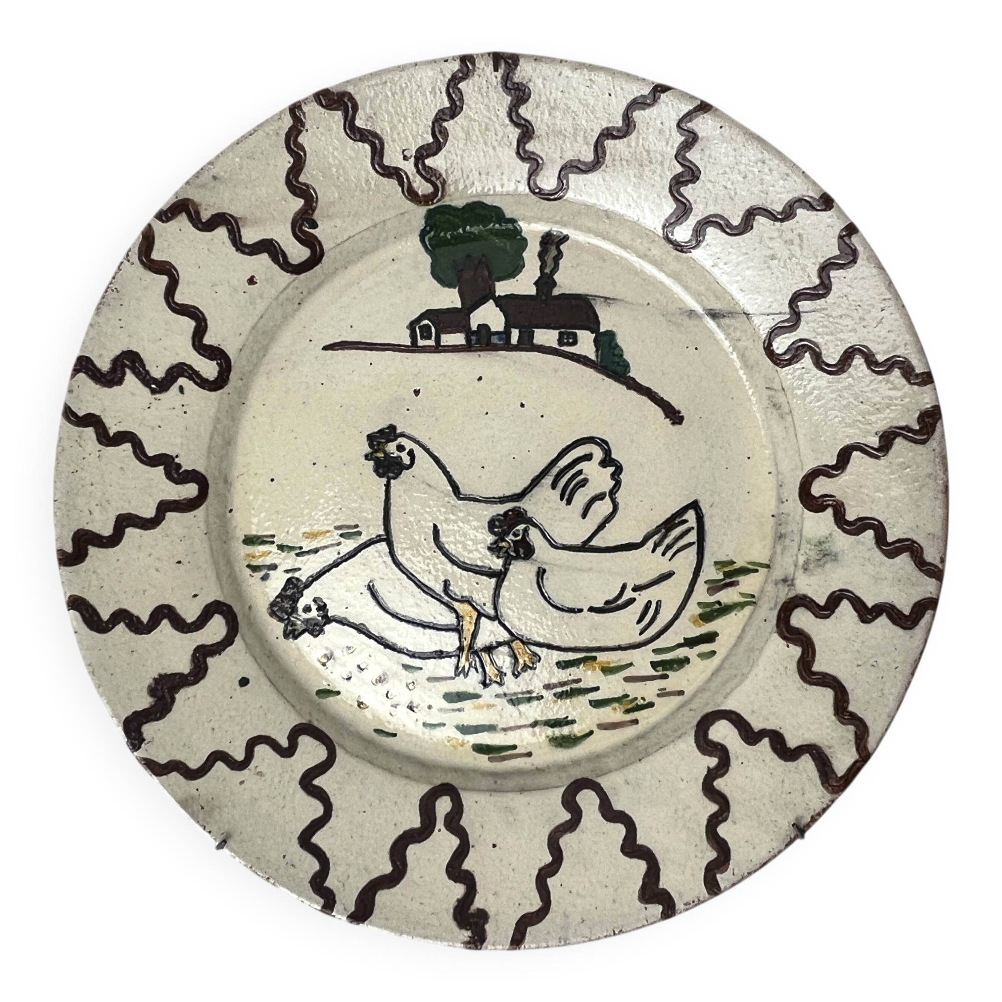 Ancienne assiette terre cuite décor poules Portugal XXème