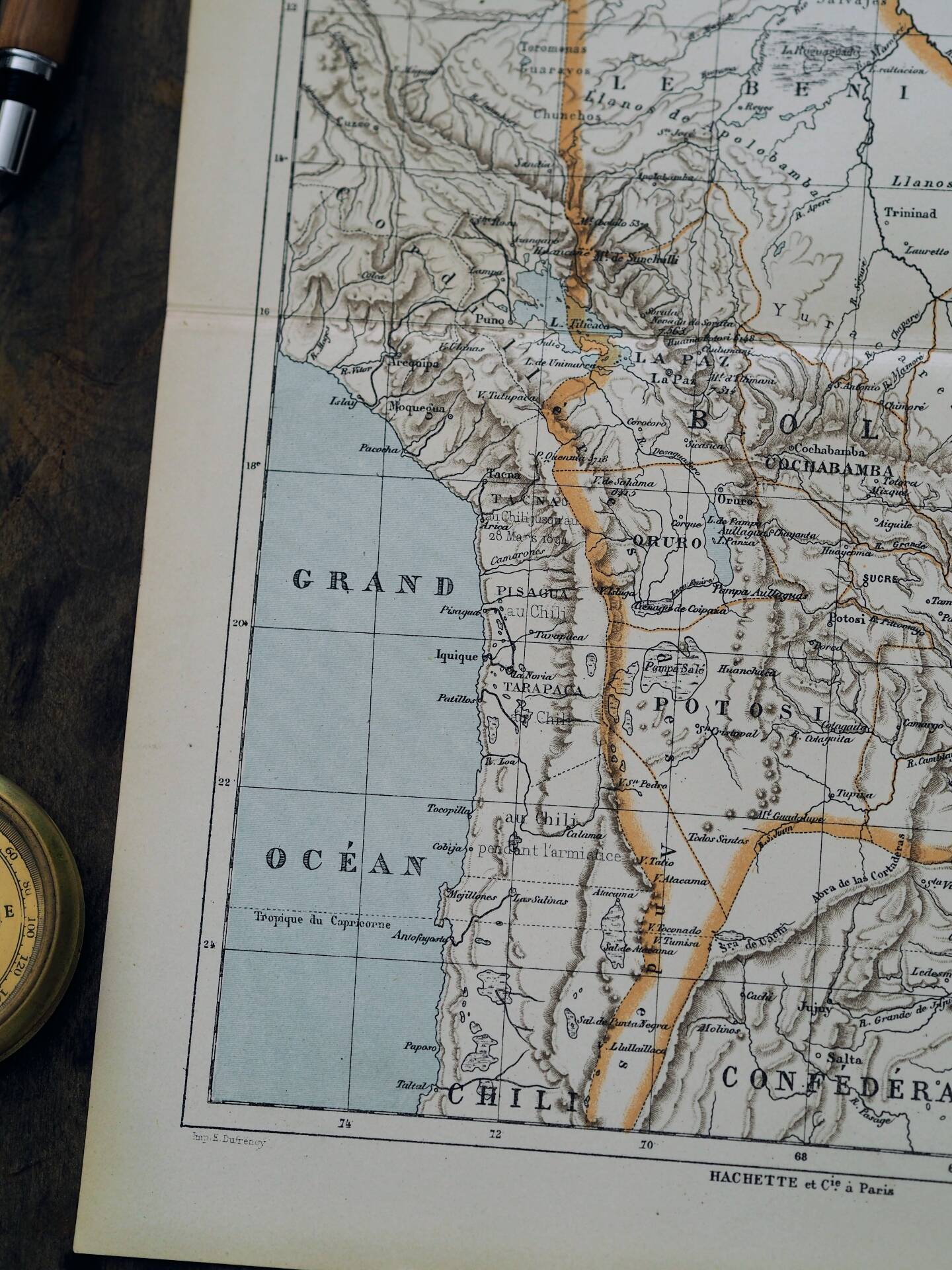 Bolivia, old map 1887 – vintage geographical map.