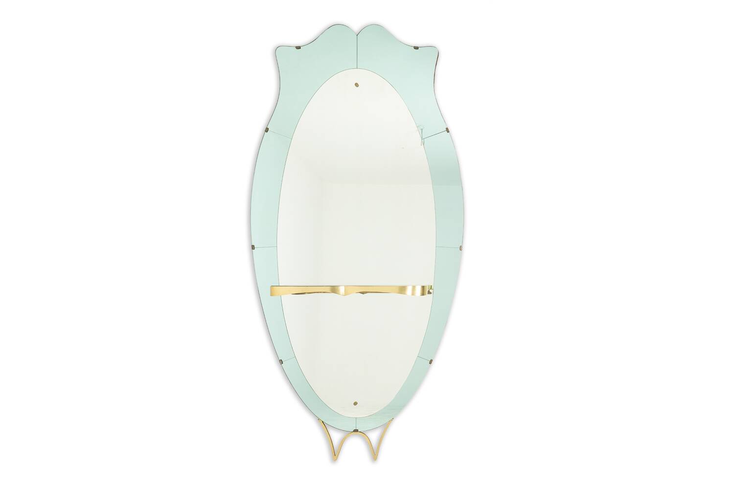 Two-tone glass console mirror with gilded brass. Circa 1950.