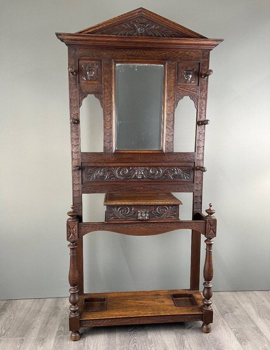 Carved Oak Coat Rack, Neo-Gothic Style, 19th Century