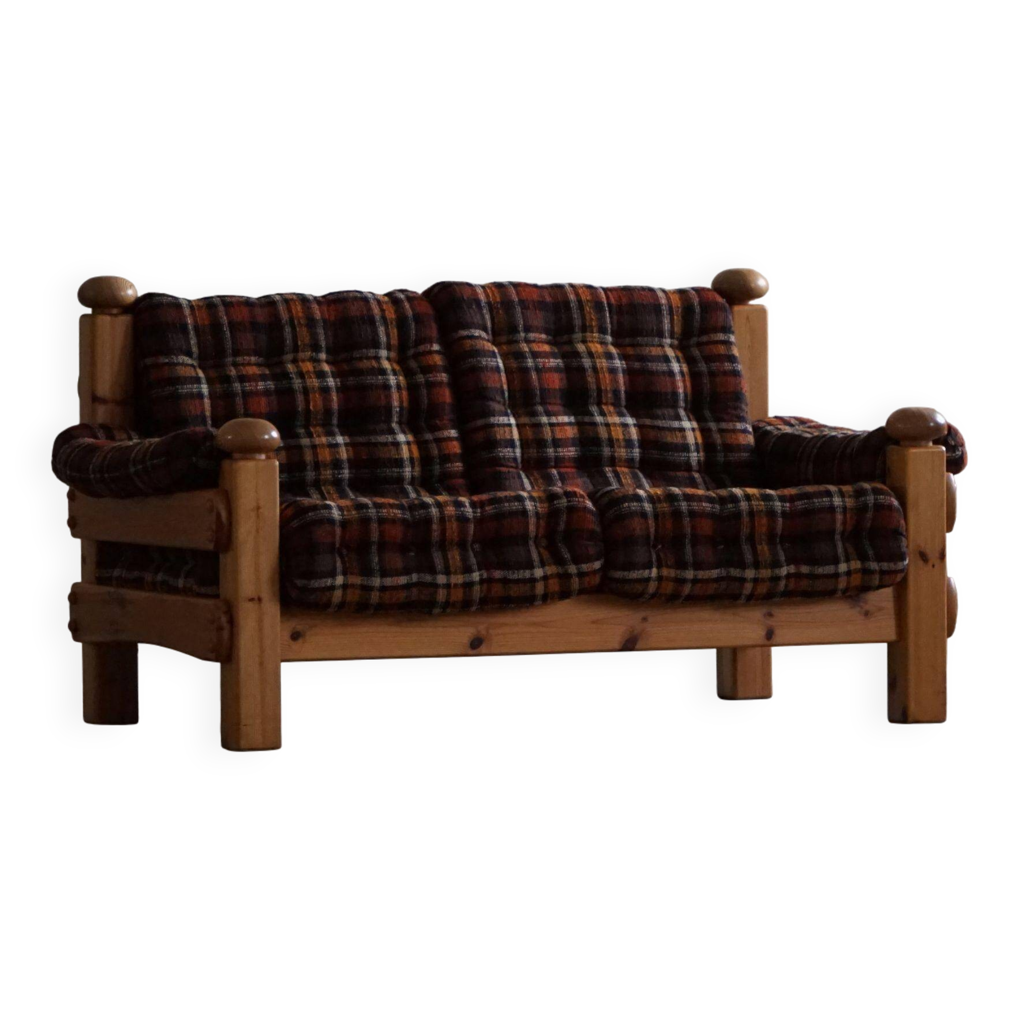 Brutalist two-seater sofa in solid pine, Swedish modernism, 1970s.