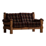 Brutalist two-seater sofa in solid pine, Swedish modernism, 1970s.