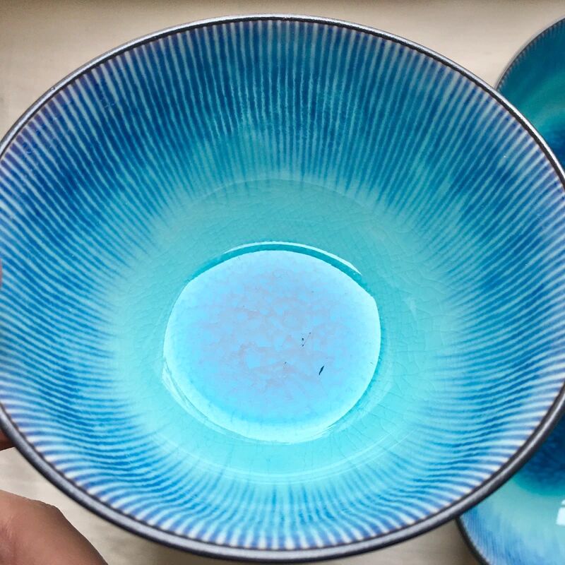 4 Bols en grès japonais émaillé turquoise Neufs