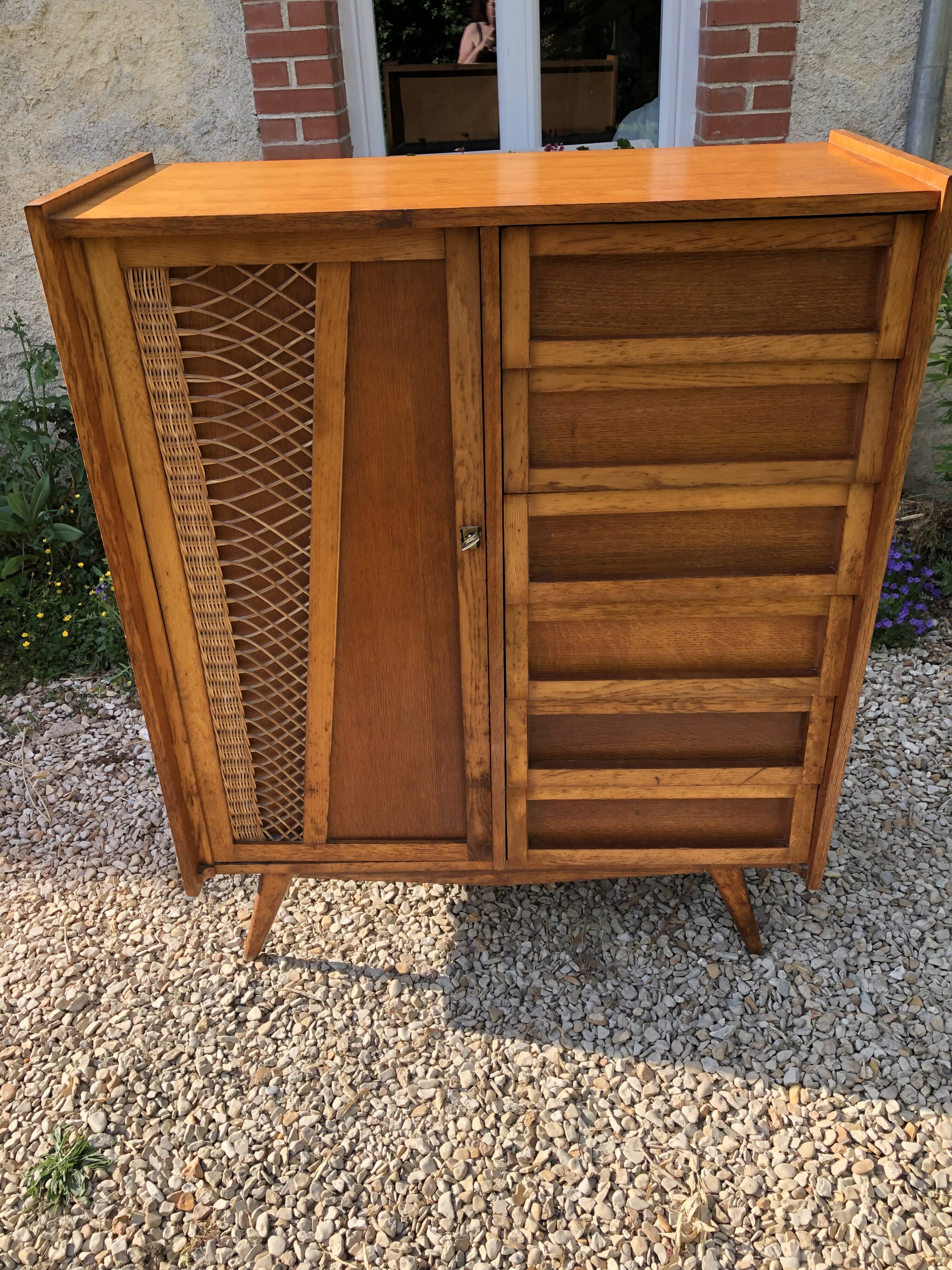 Wooden and rattan chest of drawers