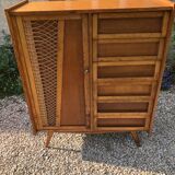 Wooden and rattan chest of drawers