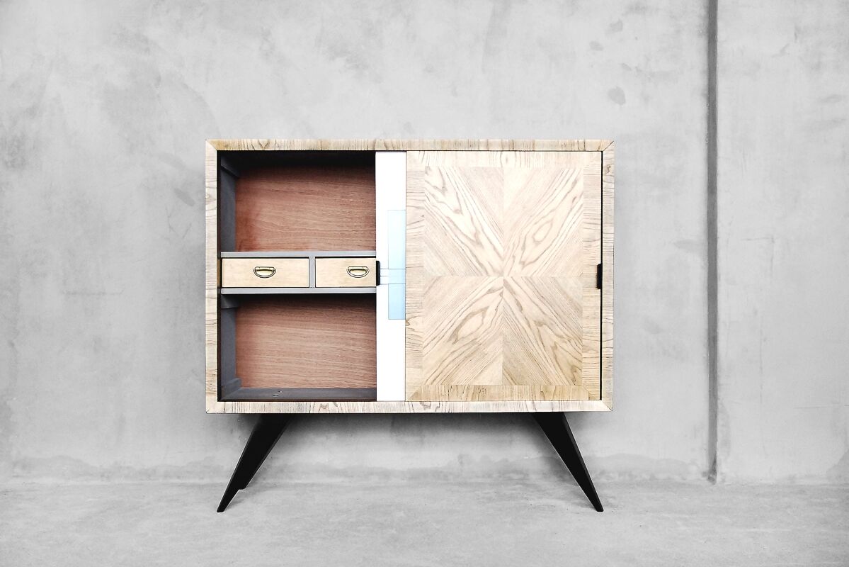Mid-century Tall Vintage Ash Cabinet with Hand-painted Pattern, 1960s