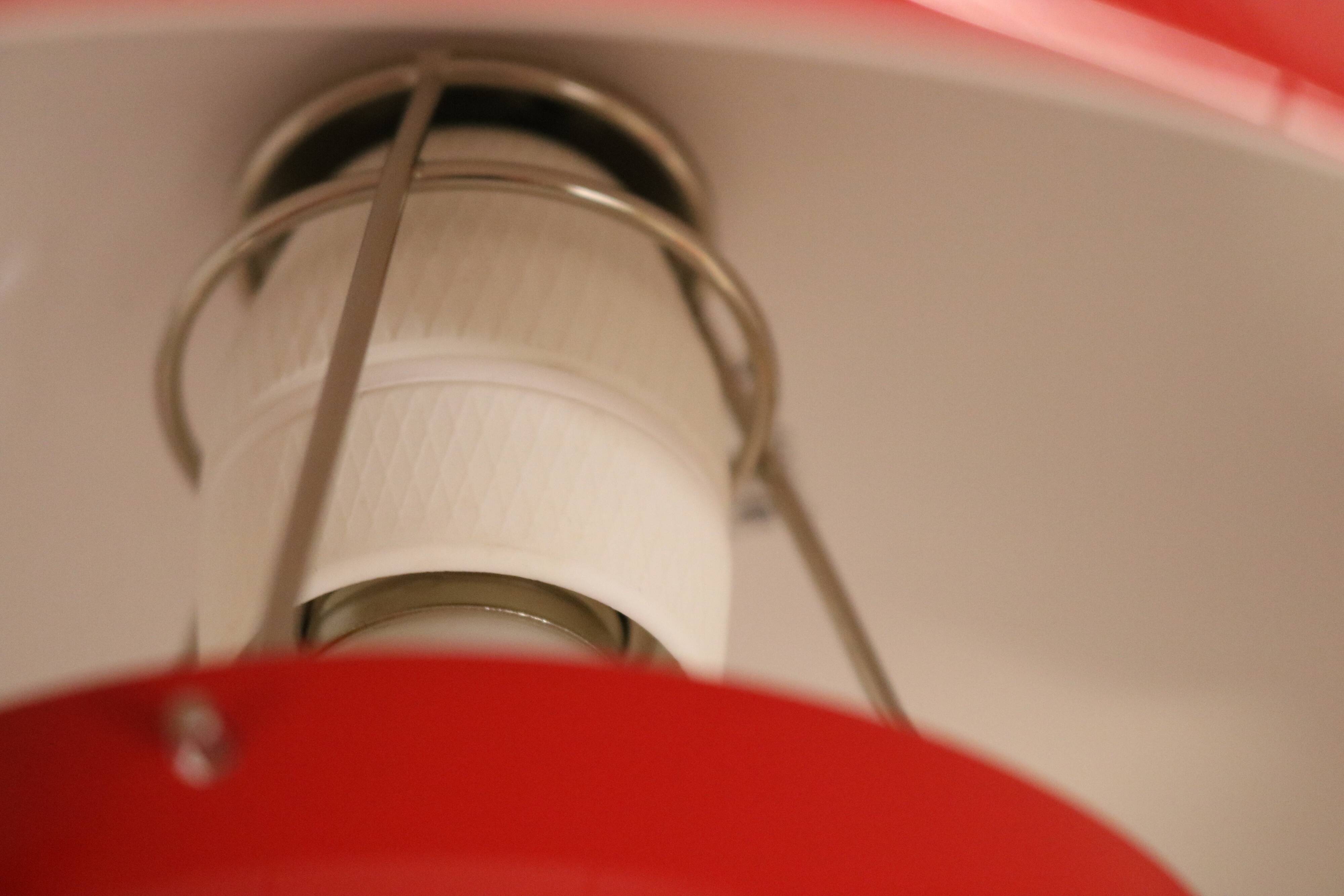 Iconic VP1 cherry red enamel flowerpot lamps designed by Verner Panton - &t