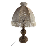 Turned wood lamp and macramé lampshade
