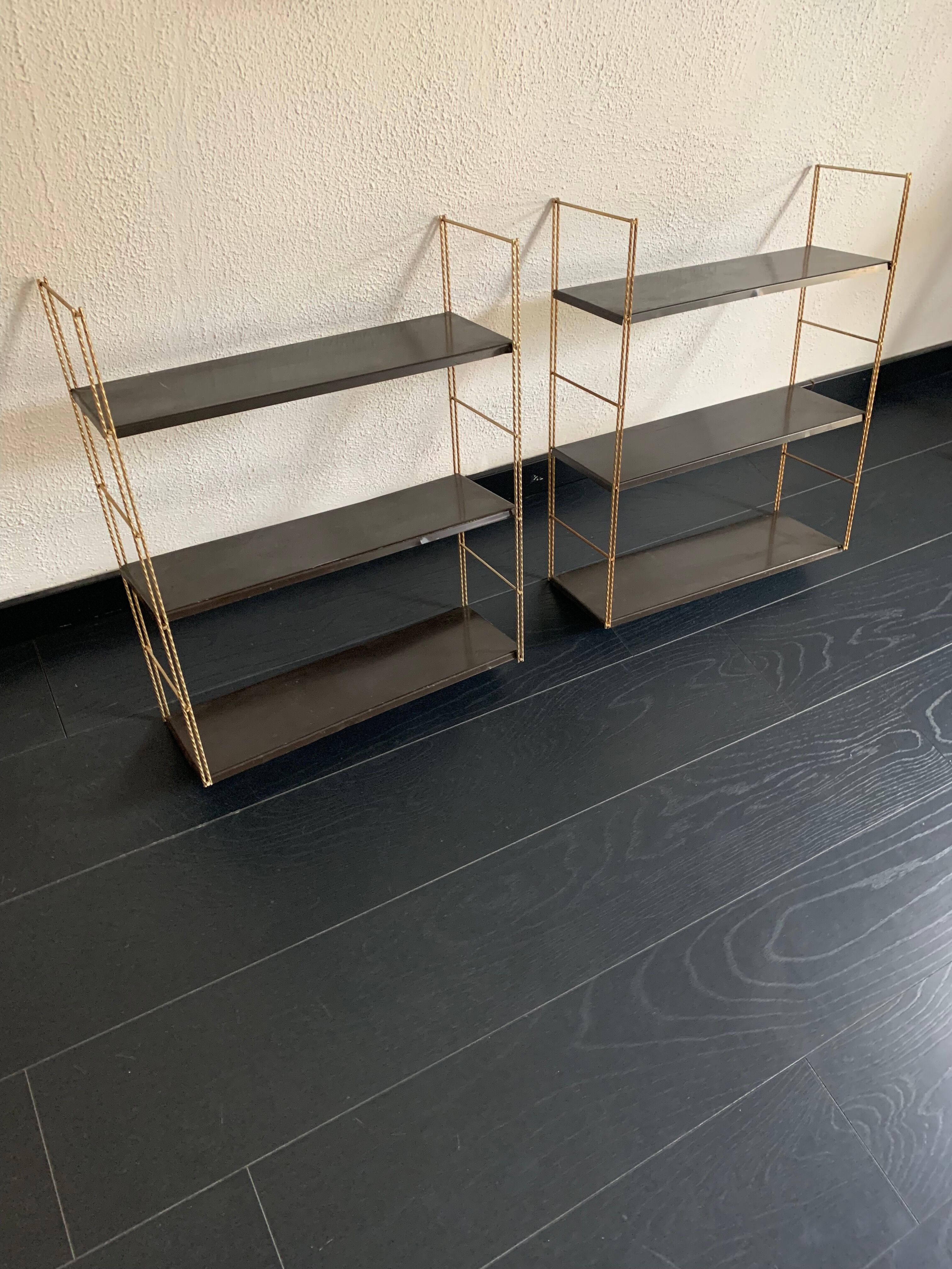 Pair shelves vintage 1960 string chocolate gold - 144 x 58 cm