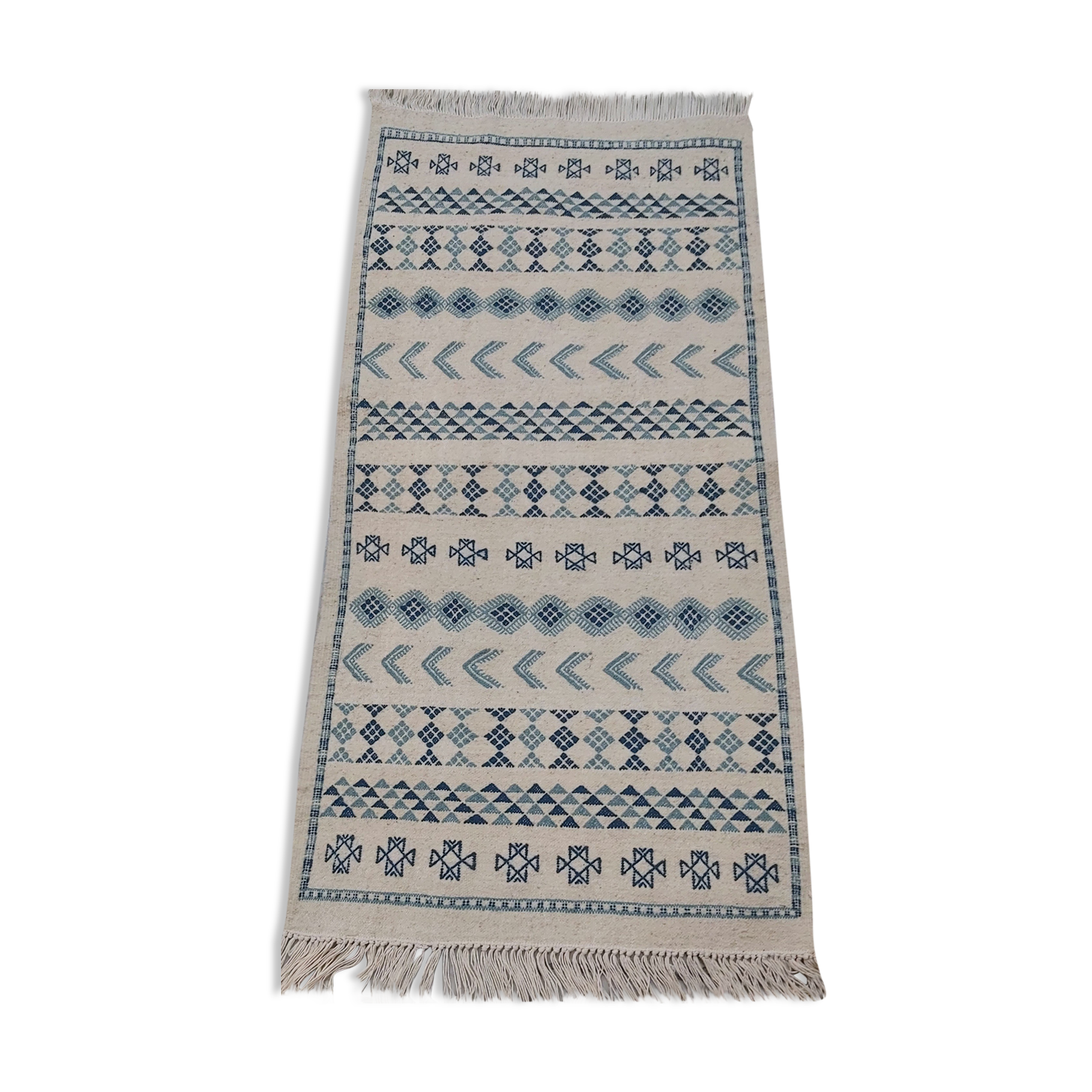 Handmade white and blue margoum carpet  145x70cm