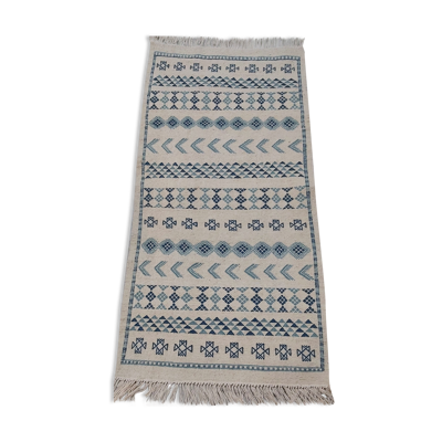 Tapis margoum blanc et bleu fait main 145x70cm