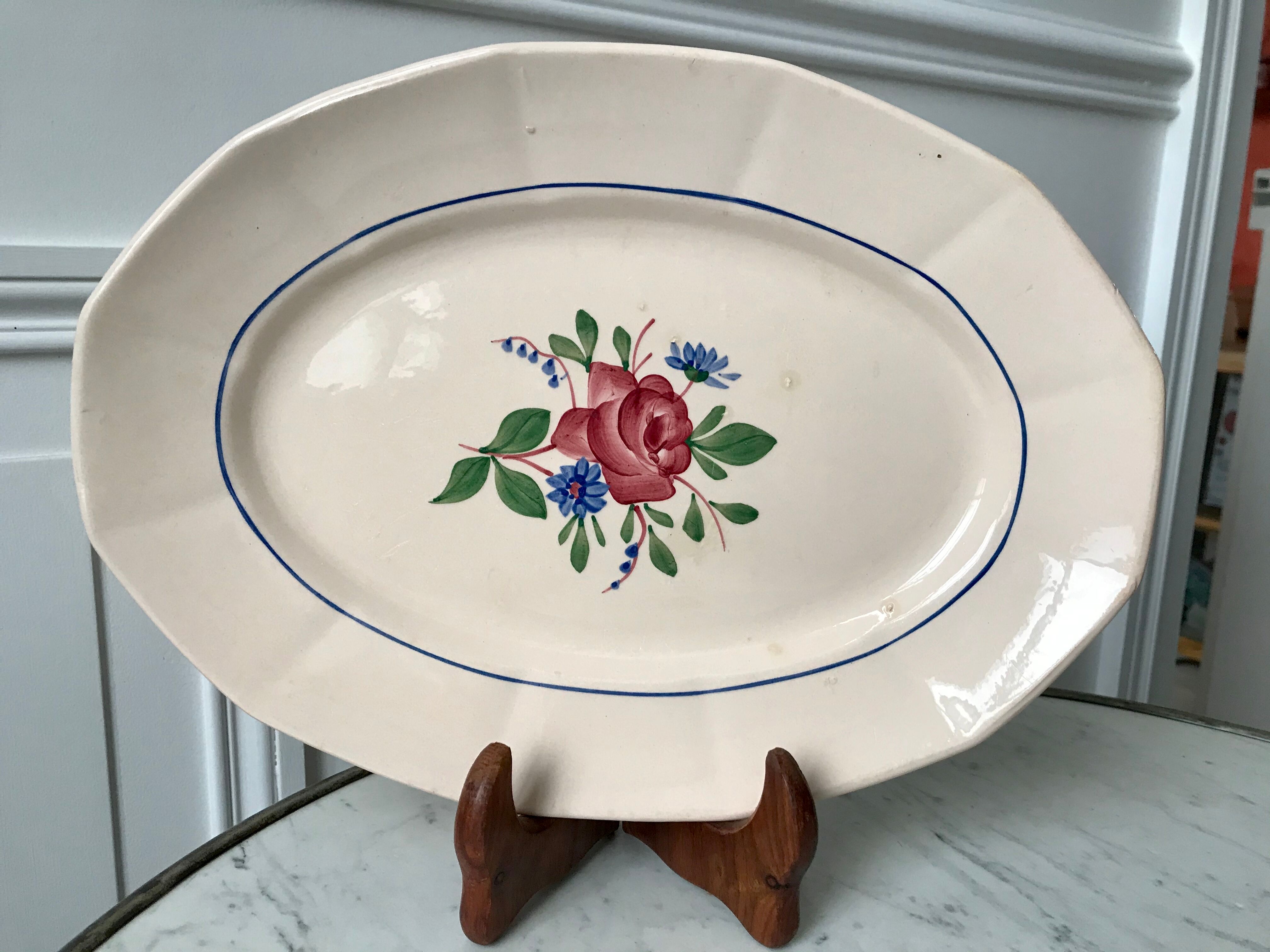 Pale pink oval dish and flowers digoin sarreguemines 30s-40s