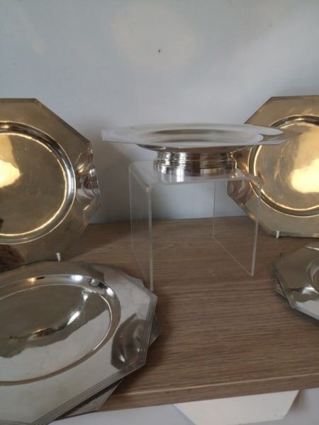 Series of six presentation plates and a silver metal plate- 20th century.