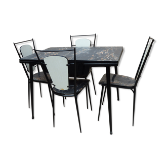 Ensemble table et 4 chaises formica marbré noir