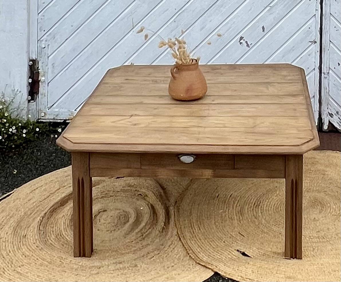 Large antique square coffee table with 1 drawer in solid raw wood