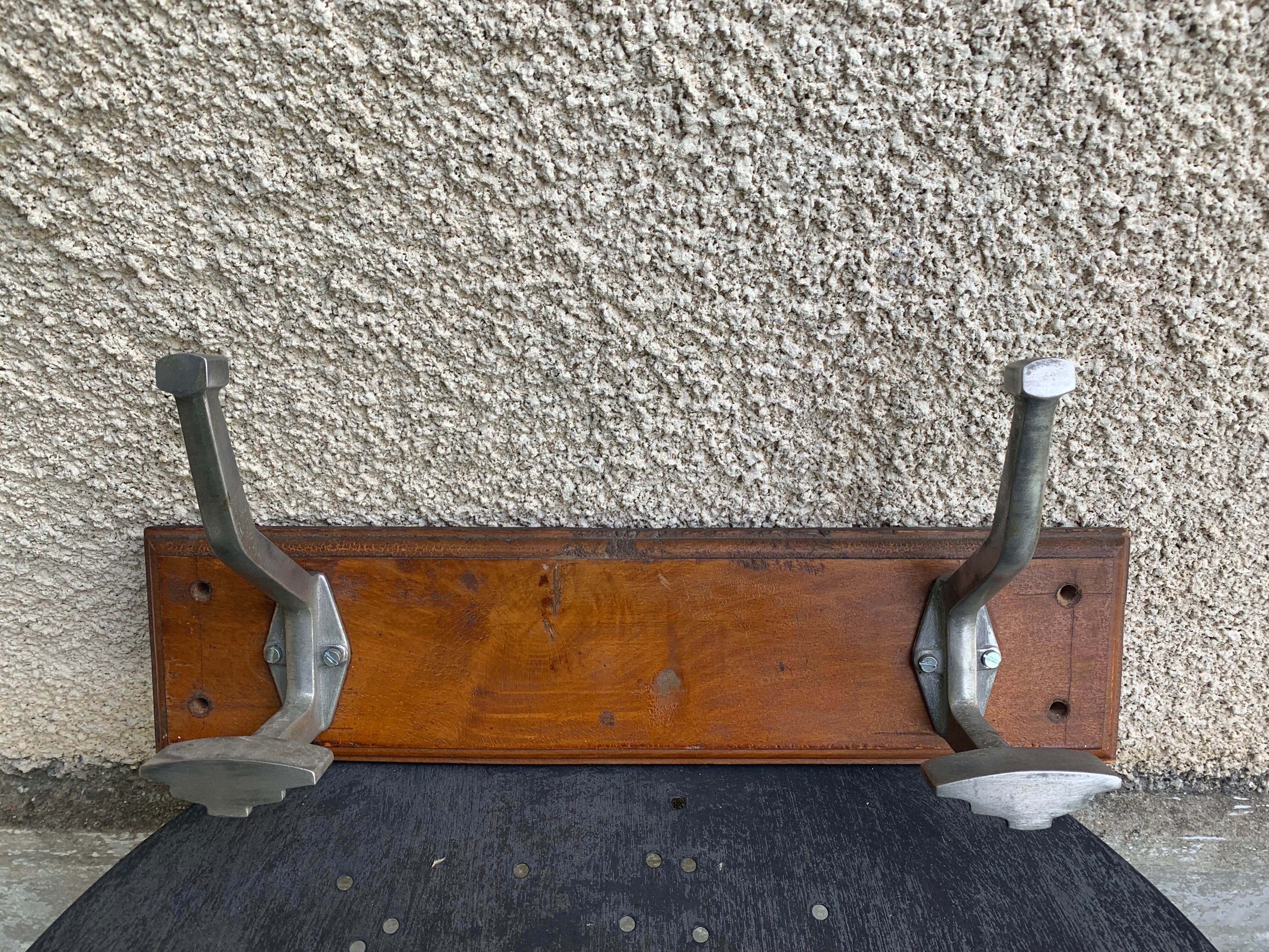 Wall coat rack two old metal hooks on vintage varnished wood