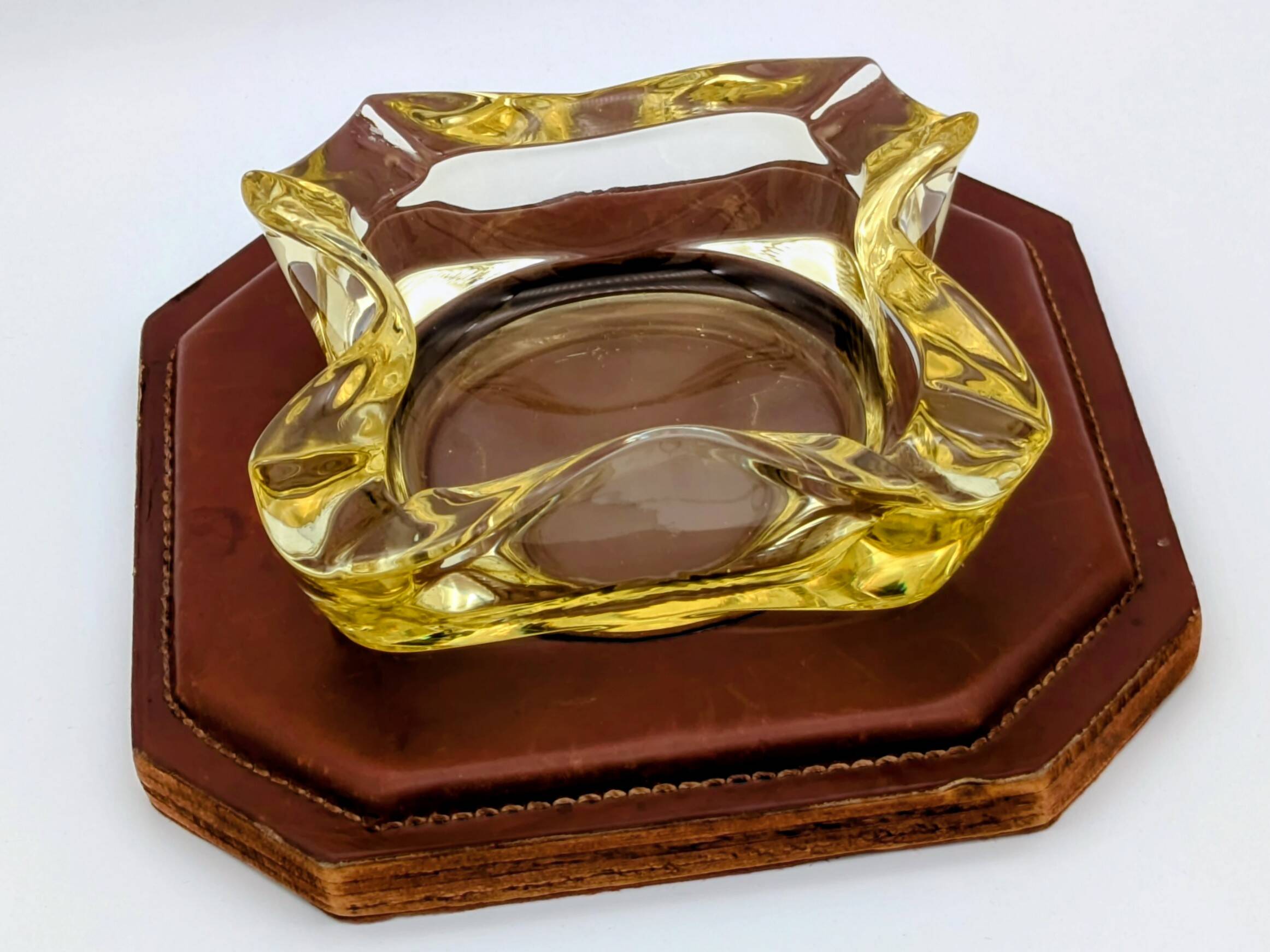 Ashtray / Catch-all Mid-Century Solid Glass Murano Style & Leather 1960