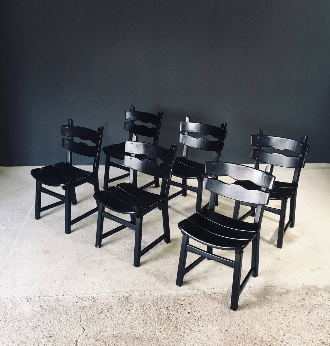 Brutalist dining chairs by Dittmann for Awa Radbound, Netherlands, 1970s, set of 6.