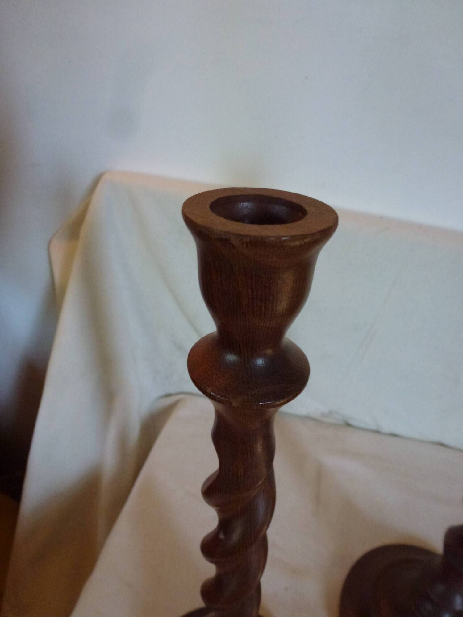 Pair of large vintage twisted wood candlesticks