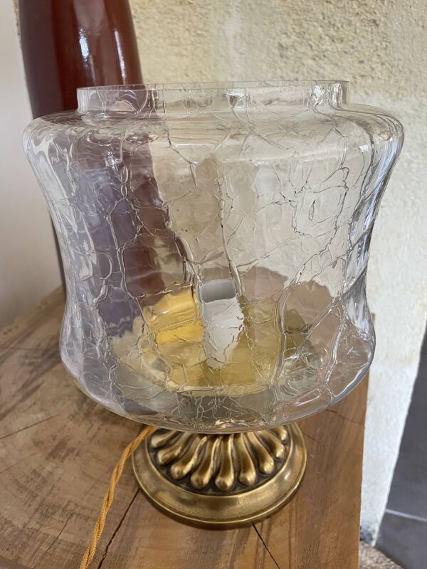 Lampe à poser en verre craquelé et pied en laiton doré vintage