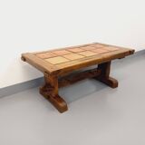 Vintage Brutalist Rustic Rectangular Coffee Table in Solid Oak and Ceramic from the 60s 70s