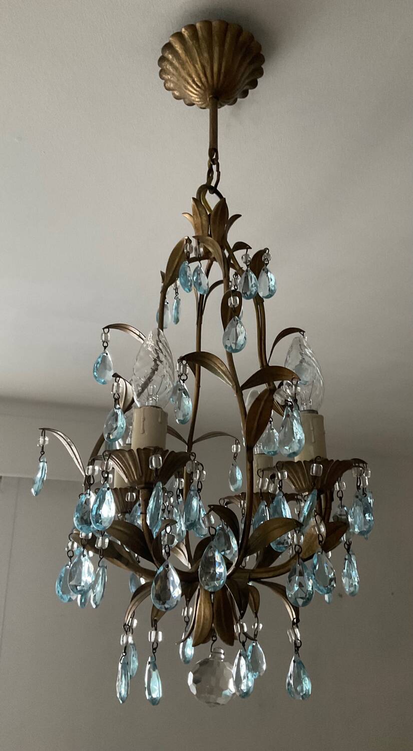 Antique Italian chandelier with cage and blue tassels