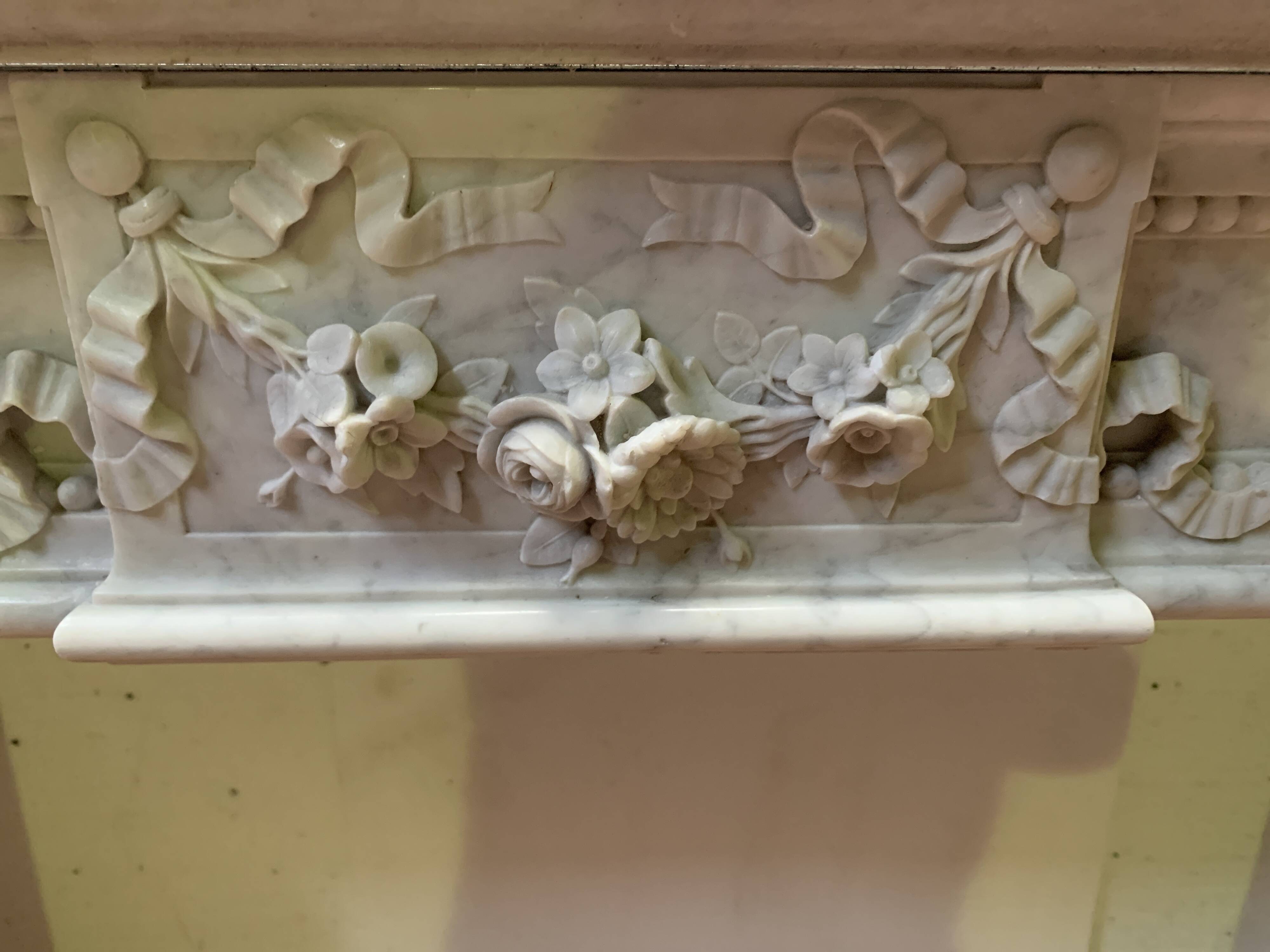 Louis XVI style fireplace in white Carrara marble, 19th century