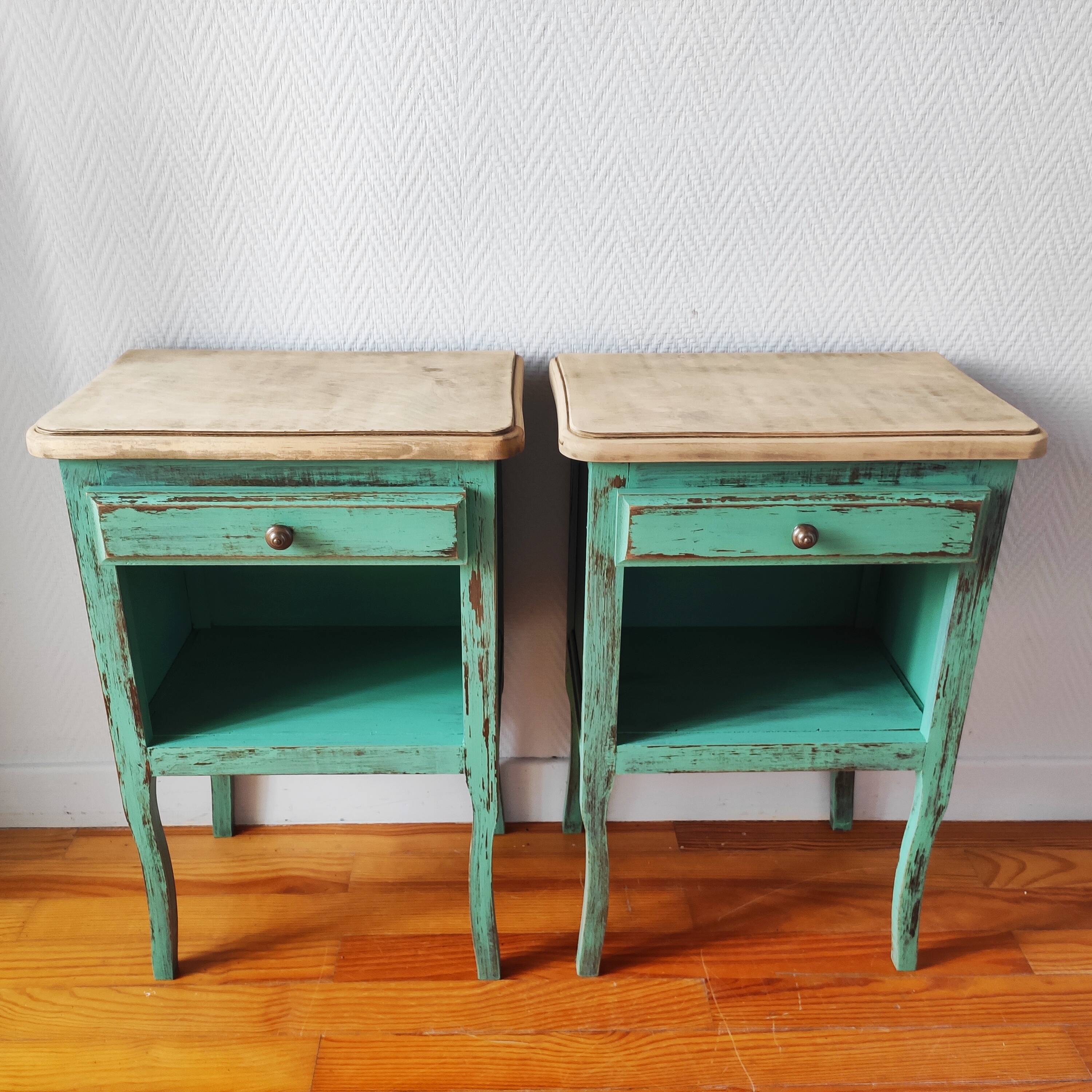 Pair of bedside tables with aged patina