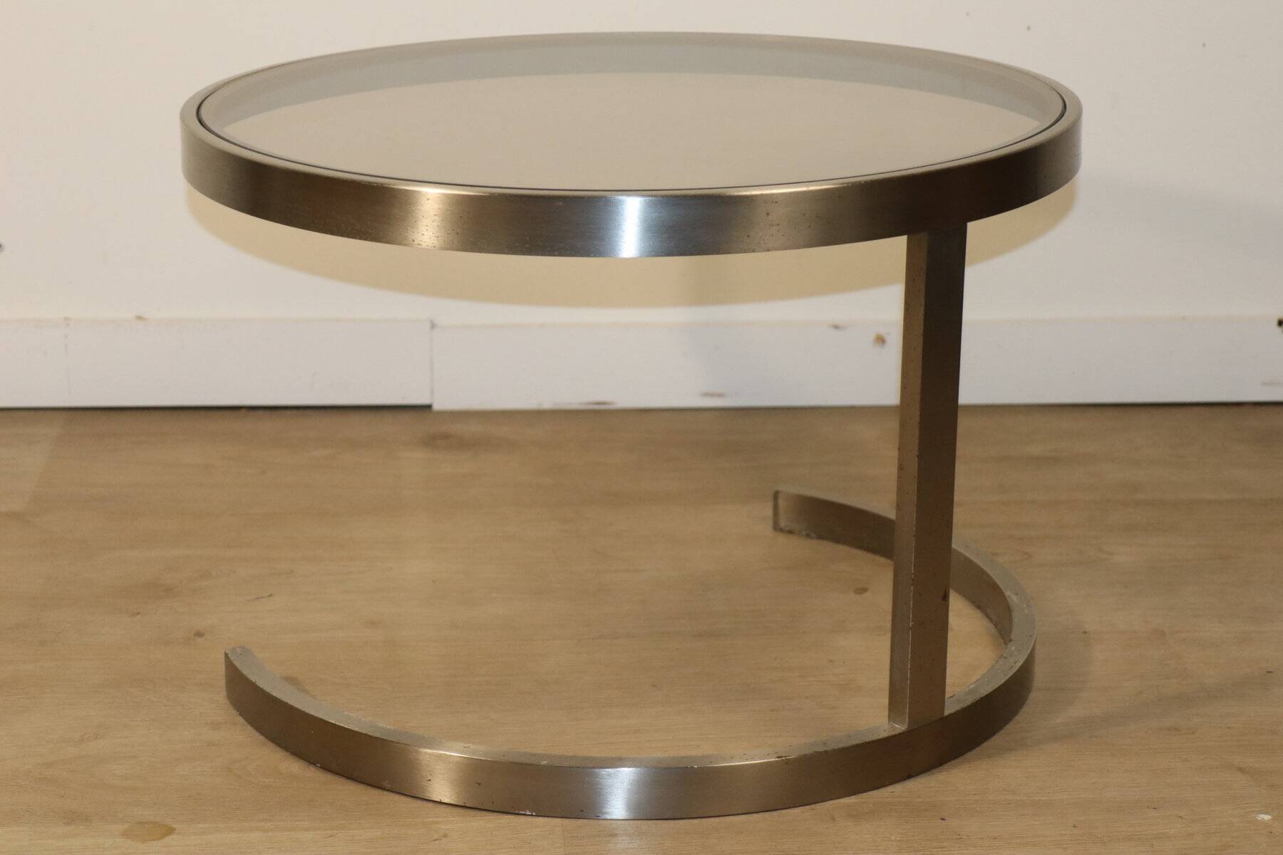 Table basse d'appoint vintage en acier brossé et verre, 1970