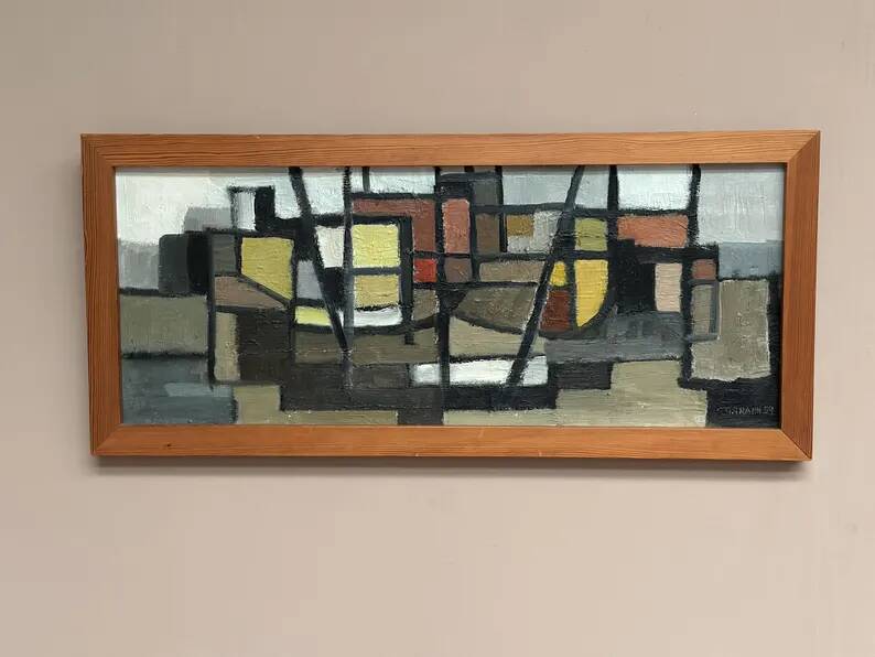 Original Swedish Oil on Canvas – “Abstract Composition” – Signed – Dated 1959 – Vintage & Framed – 77 × 35 cm