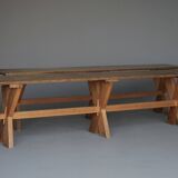 Pair of rustic cherry & oak wood Farmhouse X-frame benches, 1940s