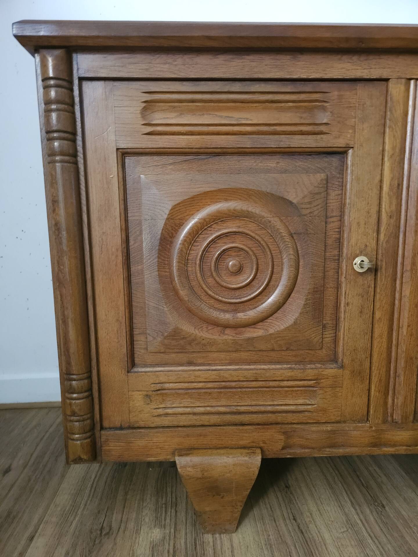Solid oak sideboard, brutalist and Art Deco work, mid-century.