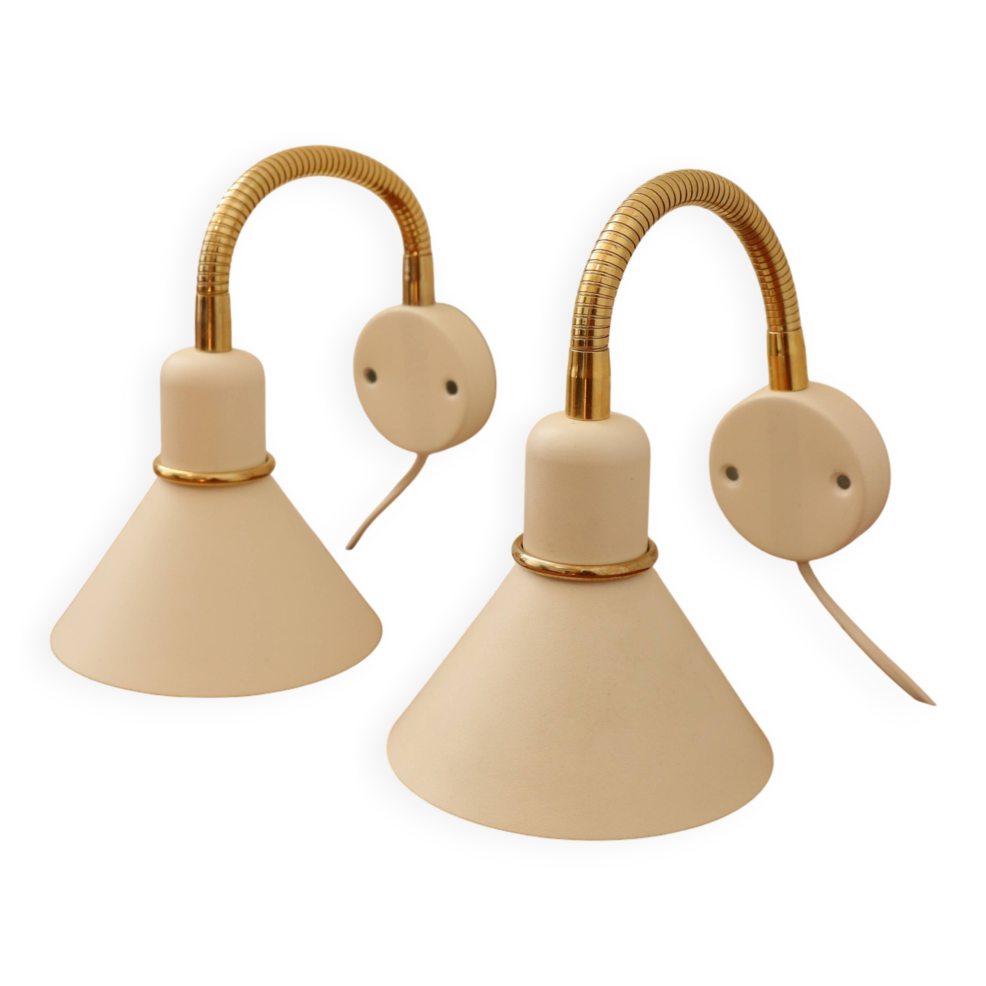 Pair of Scandinavian wall lights, white and gold metal