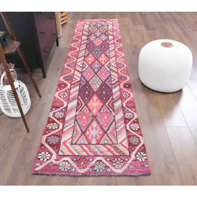 Vintage Turkish Oushak Handmade Wool Cotton Pink Runner Rug 80x317