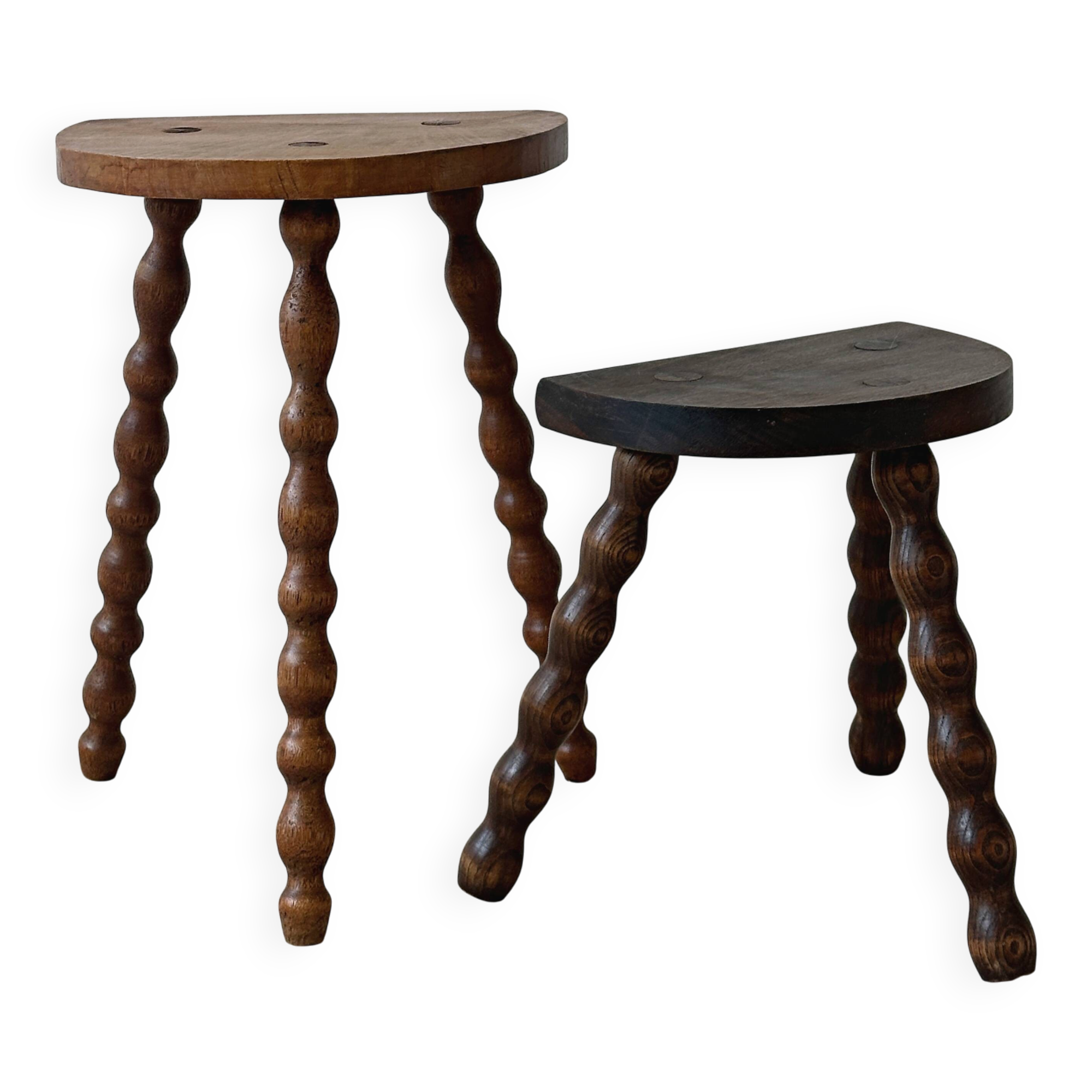 2 antique solid wood stools with turned legs