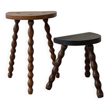 2 antique solid wood stools with turned legs