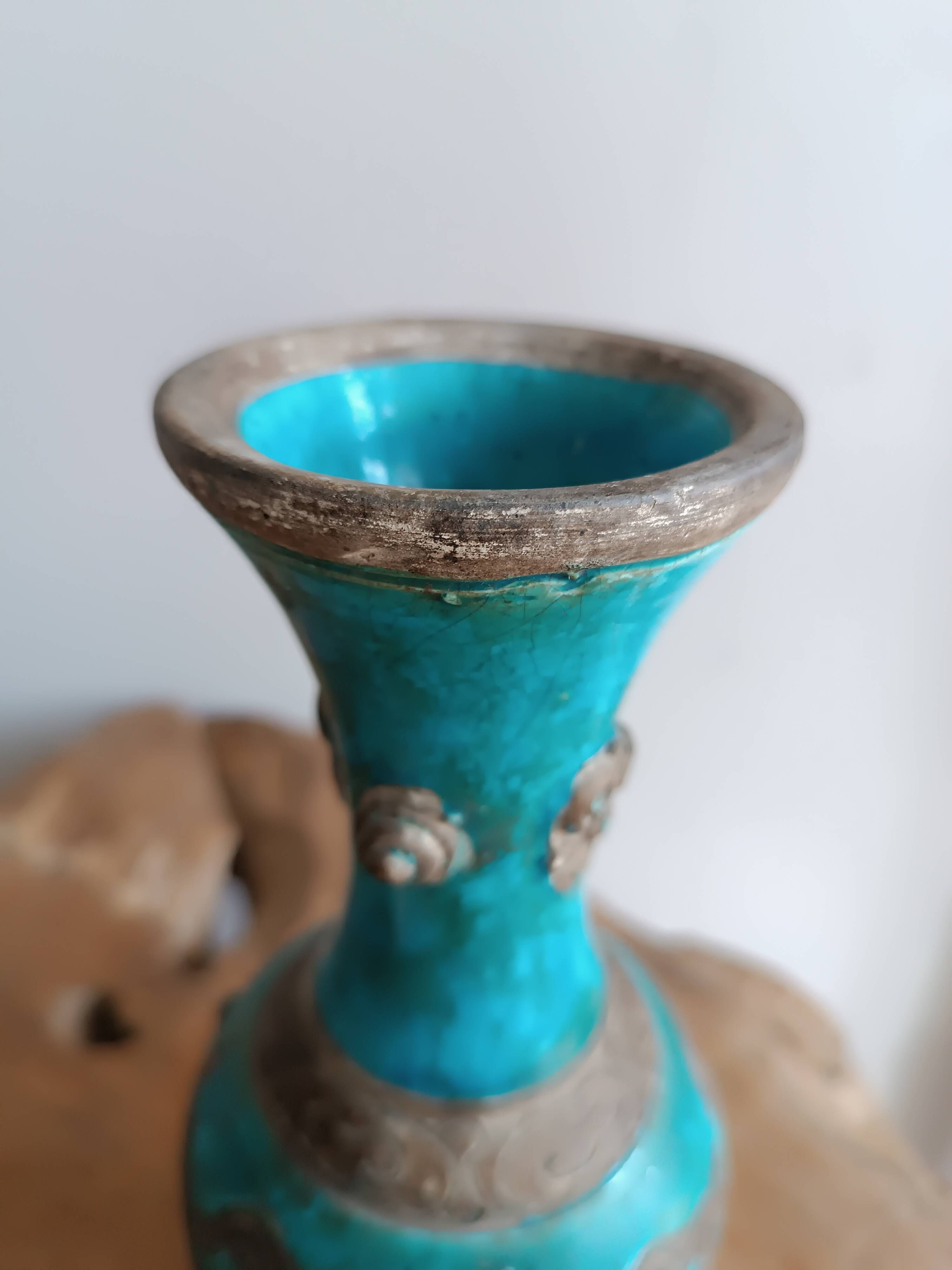Ugo zaccagnini turquoise ceramic vase with dragon decoration