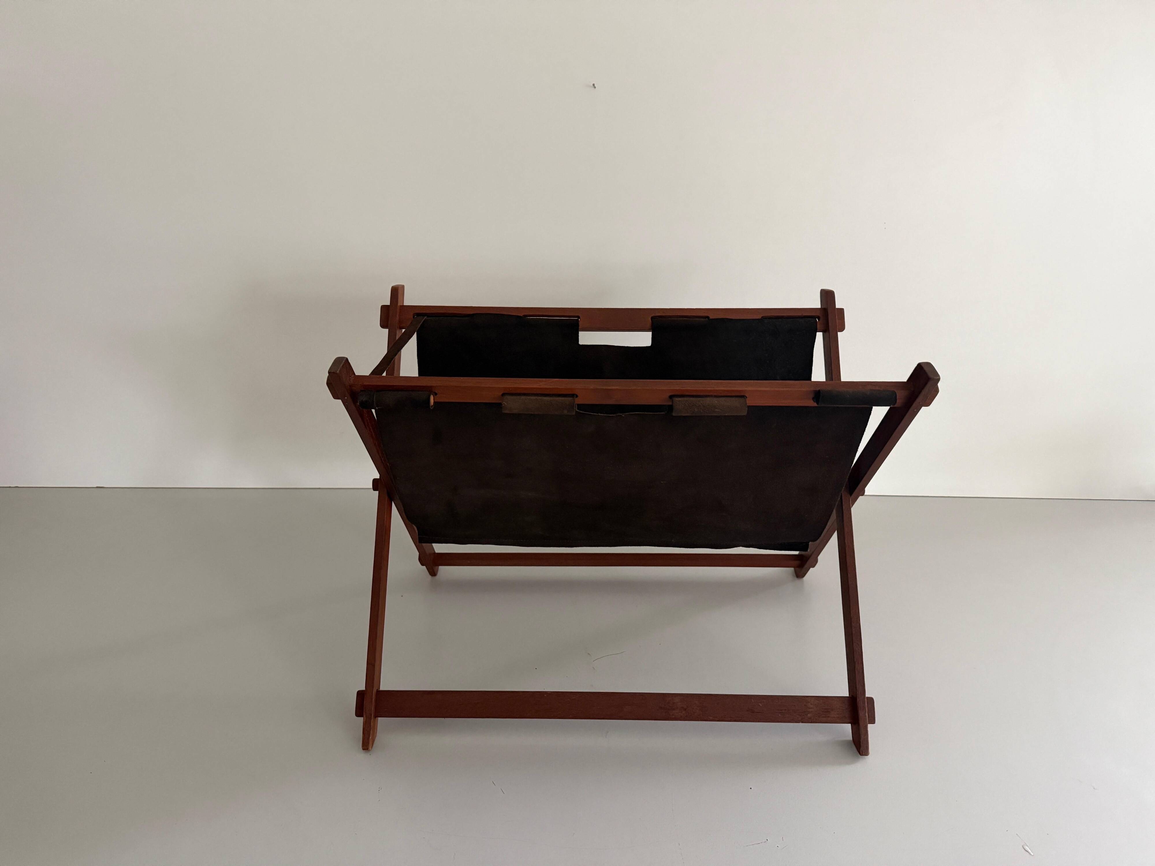 Support stand for mid-century teak and suede magazines and newspapers, 1960, Germany.