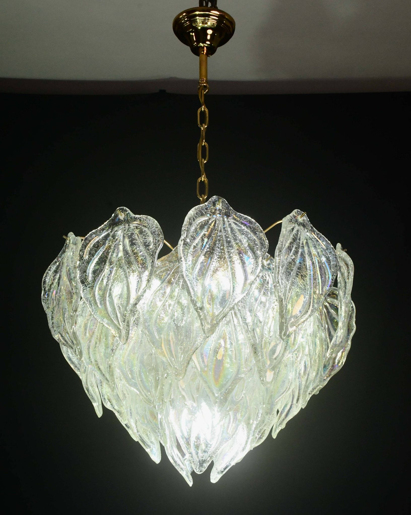 Superbe grand lustre en verre de Murano avec feuilles arc-en-ciel