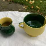 Bol et pot a lait en ceramique émaillé, bicolore jaune et vert vintage 1950